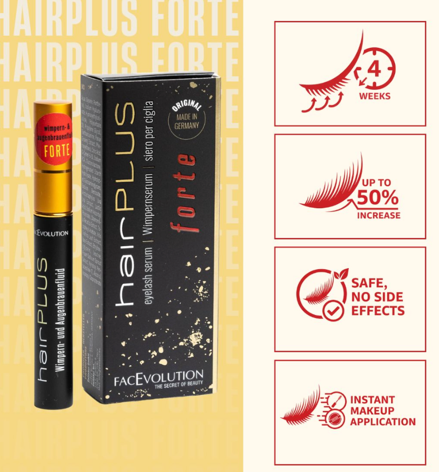 HairPlus FORTE eyelash serum by FacEvolution: results in 4 weeks, up to 50% increase, safe with no side effects