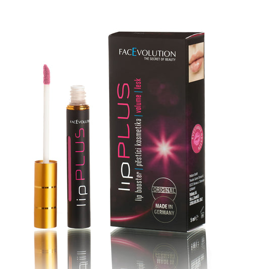 Facevolution Lip Booster 5 ml in Plum shade with applicator and product packaging for fuller, plumper lips